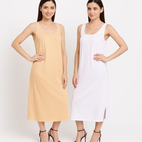 Garmend Women's Hosiery Cotton Full Length Camisole Long Inner Wear Slip-Kurti Petticoat Nighty Pack of 2 Pc (in, Alpha, XL, Regular, Skin, White) - Image 3