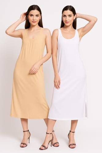 Garmend Women's Hosiery Cotton Full Length Camisole Long Inner Wear Slip-Kurti Petticoat Nighty Pack of 2 Pc (in, Alpha, XL, Regular, Skin, White) - Image 2