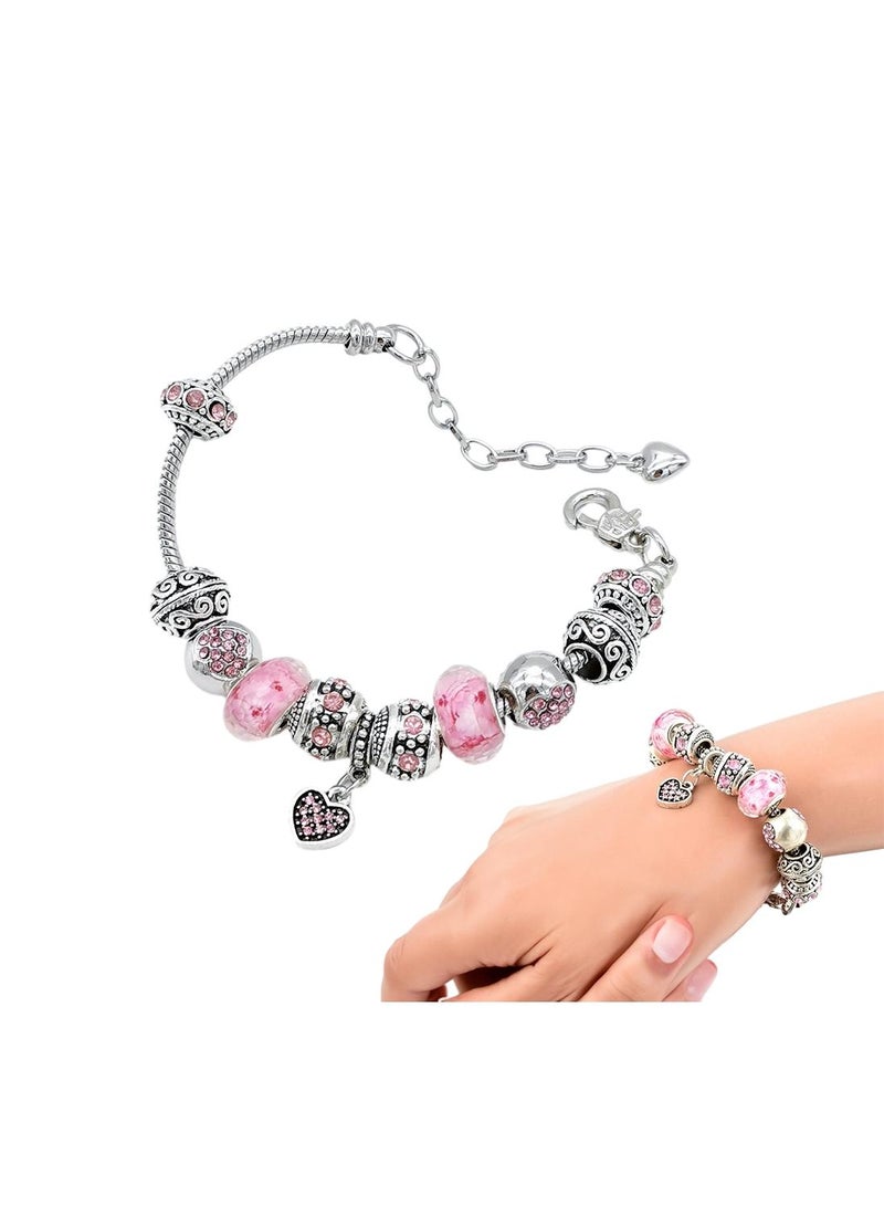 Sweet seven Charming Pink Hearts Bracelet Set with Silver Plated Charms & Beads - Elegant Jewelry Gift for Girls & Ladies, Adjustable Snake Chain (Fits 7.5"+1.5"). Add Elegance to Your Style! - Image 1