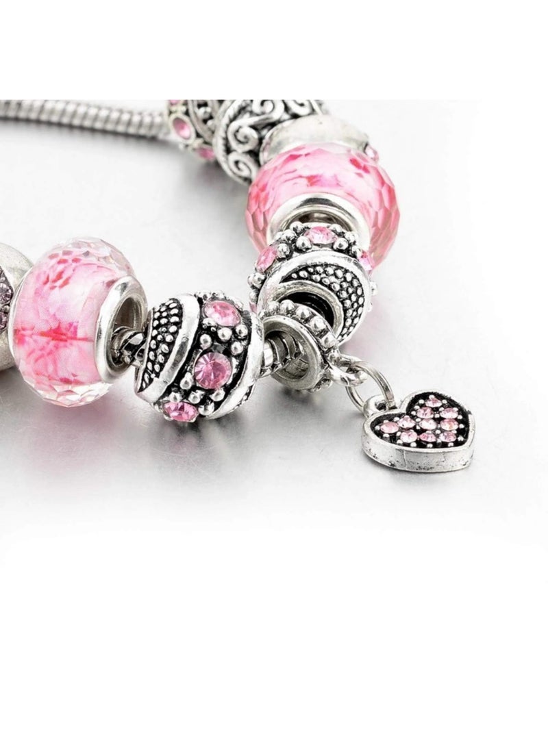 Sweet seven Charming Pink Hearts Bracelet Set with Silver Plated Charms & Beads - Elegant Jewelry Gift for Girls & Ladies, Adjustable Snake Chain (Fits 7.5"+1.5"). Add Elegance to Your Style! - Image 4