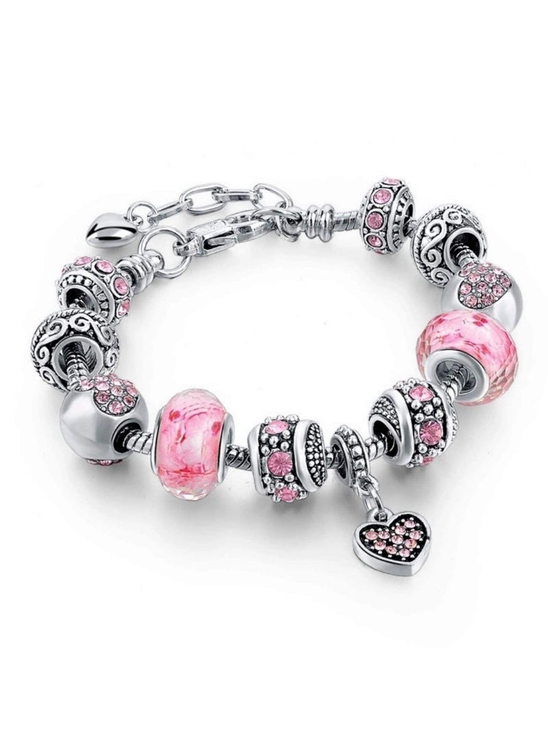 Sweet seven Charming Pink Hearts Bracelet Set with Silver Plated Charms & Beads - Elegant Jewelry Gift for Girls & Ladies, Adjustable Snake Chain (Fits 7.5"+1.5"). Add Elegance to Your Style! - Image 3