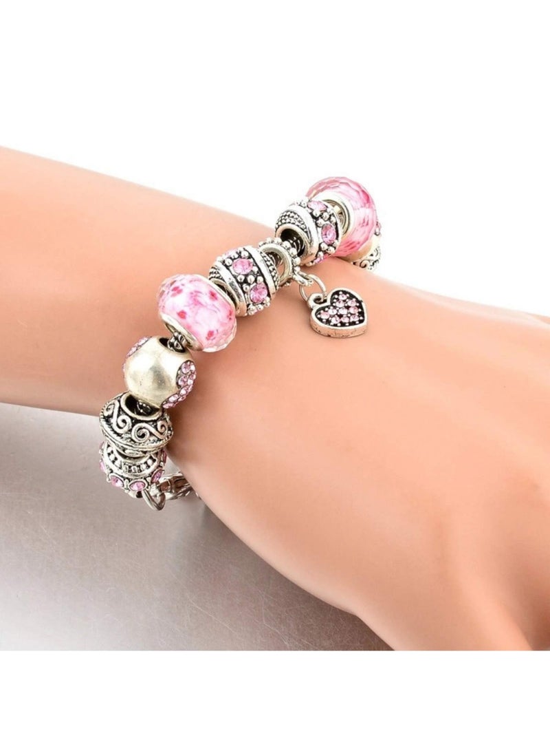 Sweet seven Charming Pink Hearts Bracelet Set with Silver Plated Charms & Beads - Elegant Jewelry Gift for Girls & Ladies, Adjustable Snake Chain (Fits 7.5"+1.5"). Add Elegance to Your Style! - Image 2