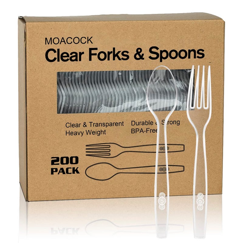 MOACOCK 200 Count Plastic Silverware Heavy Weight Plastic Forks Spoons Disposable Utensils Cutlery Set for Wedding Party Supplies Everyday Use