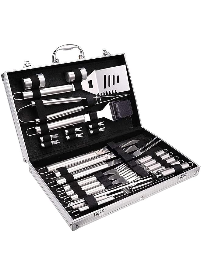 PROMASS مجموعة أدوات الشواء، ملحقات الشواء الخارجية، مجموعة شواية من الفولاذ المقاوم للصدأ مكونة من 26 قطعة مع سكين، فرشاة، شوكة، ملعقة، وملاقط، أدوات الشواء للطهي الخارجي، التخييم، الشواء، والتدخين. - Image 1