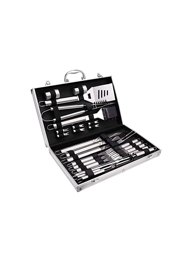 PROMASS مجموعة أدوات الشواء، ملحقات الشواء الخارجية، مجموعة شواية من الفولاذ المقاوم للصدأ مكونة من 26 قطعة مع سكين، فرشاة، شوكة، ملعقة، وملاقط، أدوات الشواء للطهي الخارجي، التخييم، الشواء، والتدخين. - Image 2