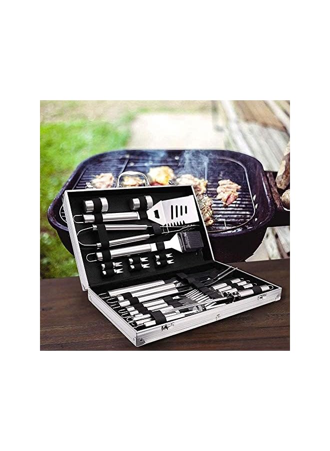 PROMASS مجموعة أدوات الشواء، ملحقات الشواء الخارجية، مجموعة شواية من الفولاذ المقاوم للصدأ مكونة من 26 قطعة مع سكين، فرشاة، شوكة، ملعقة، وملاقط، أدوات الشواء للطهي الخارجي، التخييم، الشواء، والتدخين. - Image 3