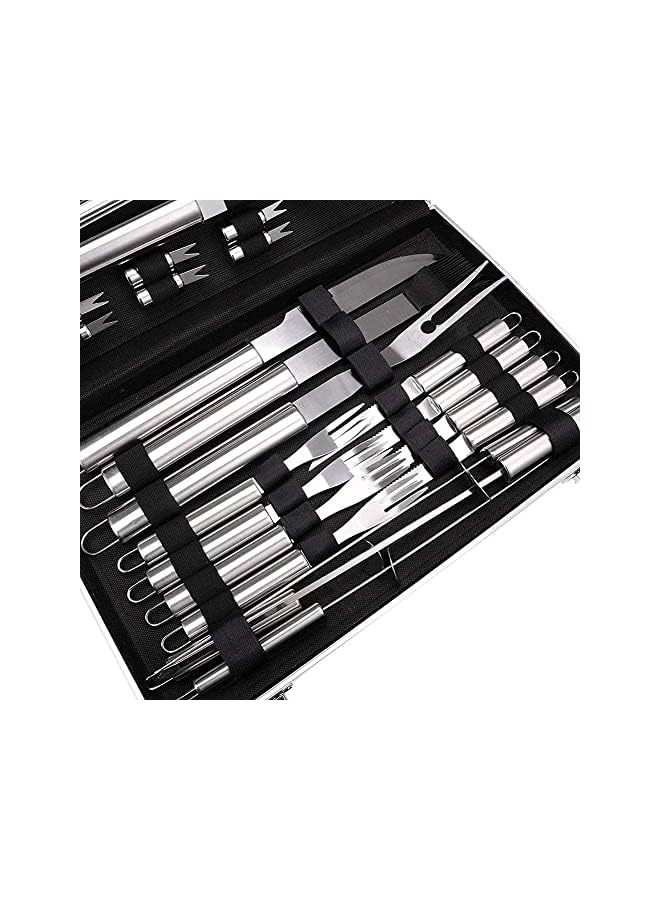 PROMASS مجموعة أدوات الشواء، ملحقات الشواء الخارجية، مجموعة شواية من الفولاذ المقاوم للصدأ مكونة من 26 قطعة مع سكين، فرشاة، شوكة، ملعقة، وملاقط، أدوات الشواء للطهي الخارجي، التخييم، الشواء، والتدخين. - Image 4