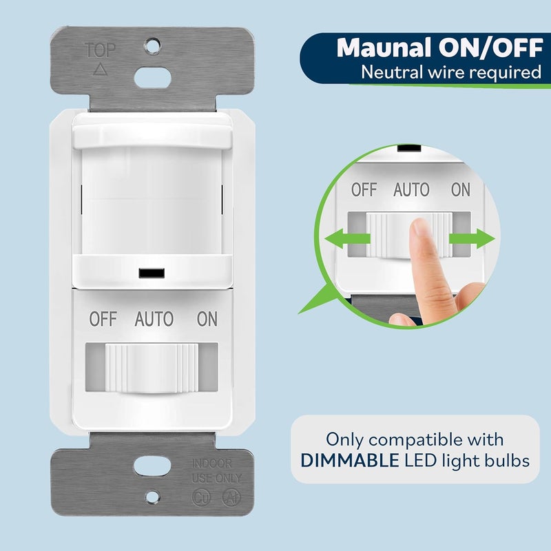TOPGREENER in Wall PIR Motion Sensor Light Switch, Single Pole Occupancy Sensor Switch, Motion Sensor Switch, Need Neutral Wire, On/Off Override, 4A, 500W, TSOS5-W, 1Pack, White - Image 3