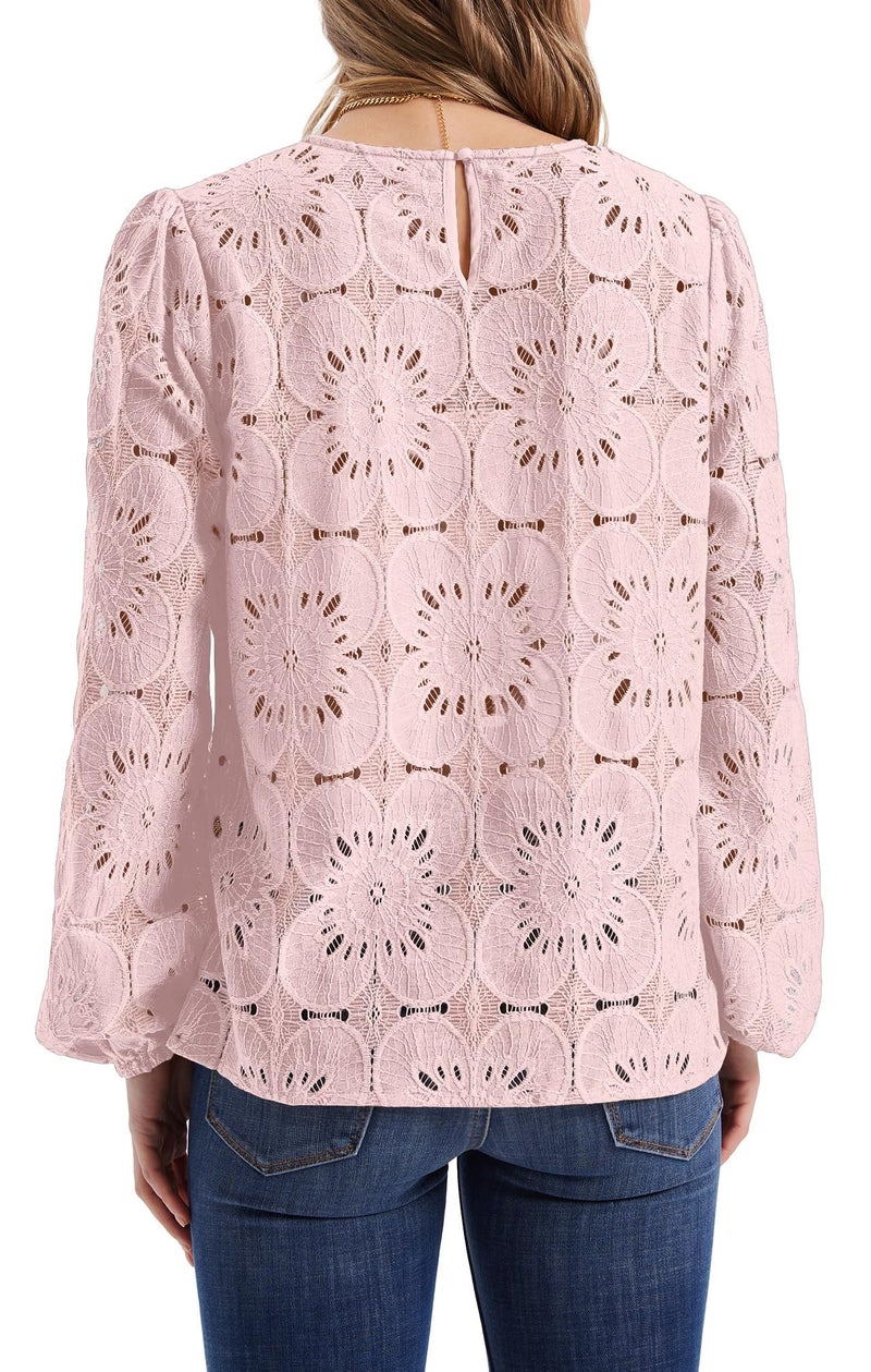 OFEEFAN Long Sleeve Shirts for Women Crochet Lace Tops Dressy Casual Blouses Spring Outfits Summer Fashion 2026 Going Out Trendy Womens Clothes Light Pink L - Image 4