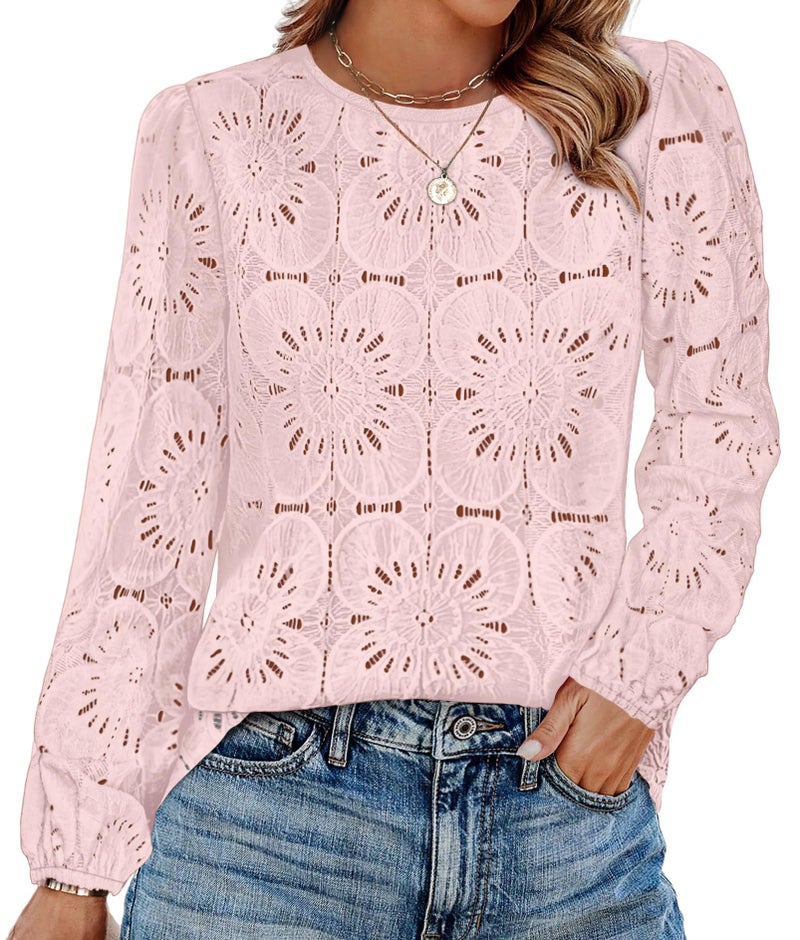 OFEEFAN Long Sleeve Shirts for Women Crochet Lace Tops Dressy Casual Blouses Spring Outfits Summer Fashion 2026 Going Out Trendy Womens Clothes Light Pink L - Image 1