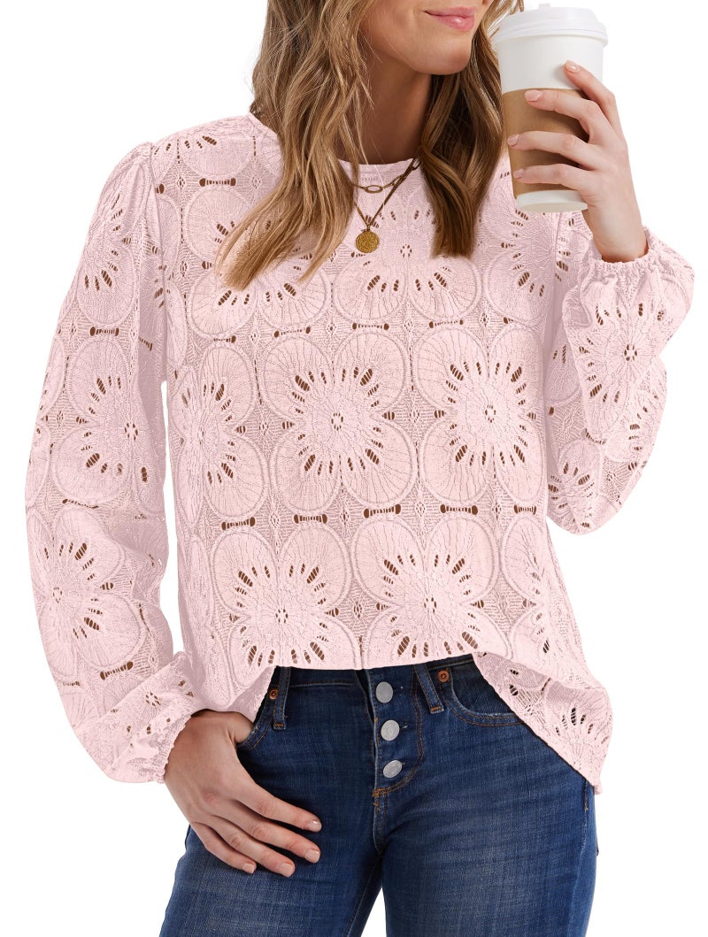 OFEEFAN Long Sleeve Shirts for Women Crochet Lace Tops Dressy Casual Blouses Spring Outfits Summer Fashion 2026 Going Out Trendy Womens Clothes Light Pink L - Image 2