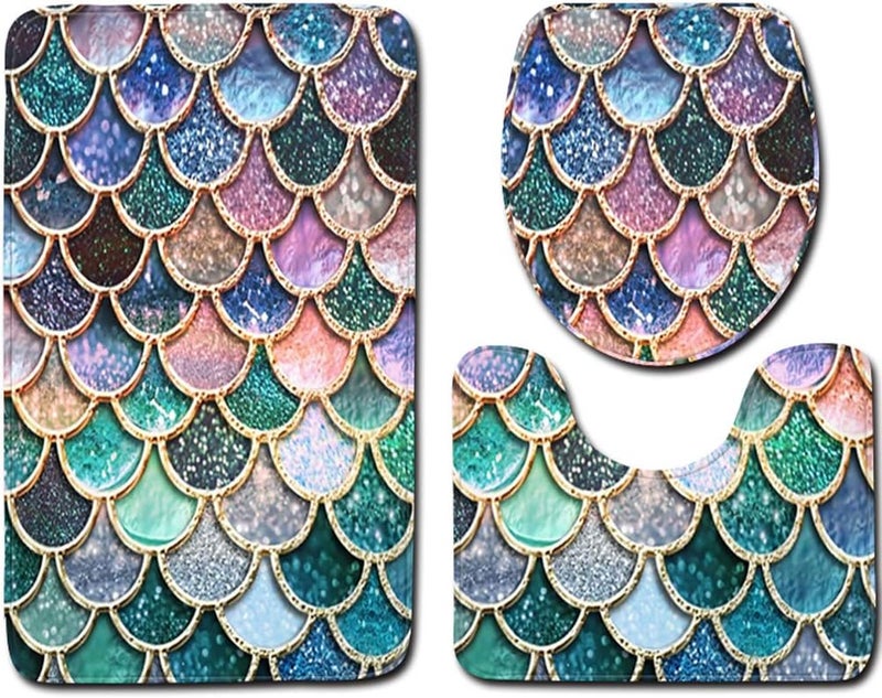 klarako 3Pcs Fish Scale Bathroom Rugs Set Colorful Mermaid Shower Carpet Pedestal Rug + Lid Toilet Cover + Bath Mat for Home Decor Non Slip & Absorbent - Image 1