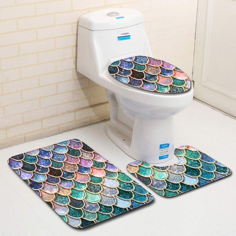 klarako 3Pcs Fish Scale Bathroom Rugs Set Colorful Mermaid Shower Carpet Pedestal Rug + Lid Toilet Cover + Bath Mat for Home Decor Non Slip & Absorbent - Image 2