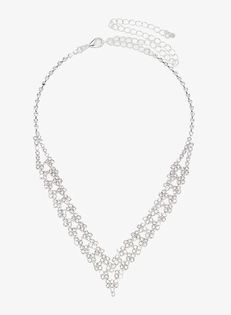 Ella Limited Edition Silver Diamonte Rhinestone Drop Down Jewelry Set With Earrings Necklace