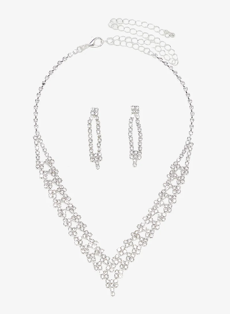 Ella Limited Edition Silver Diamonte Rhinestone Drop Down Jewelry Set With Earrings Necklace