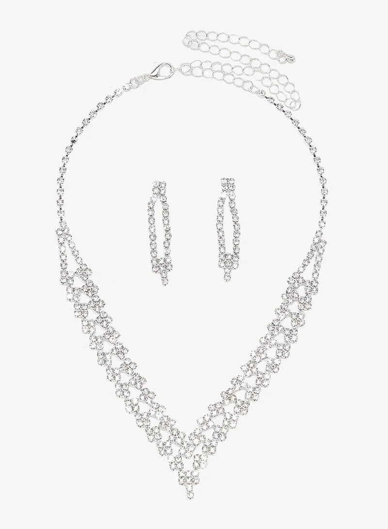 Ella Limited Edition Silver Diamonte Rhinestone Drop Down Jewelry Set With Earrings Necklace