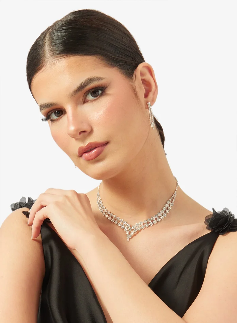 Ella Limited Edition Silver Diamonte Rhinestone Drop Down Jewelry Set With Earrings Necklace