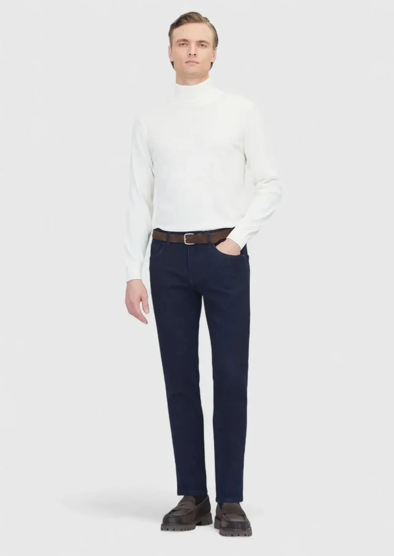 RAMSEY Navy Blue Slim Fit Denim Cotton Blended Trousers