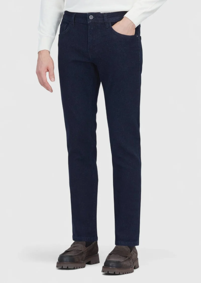RAMSEY Navy Blue Slim Fit Denim Cotton Blended Trousers