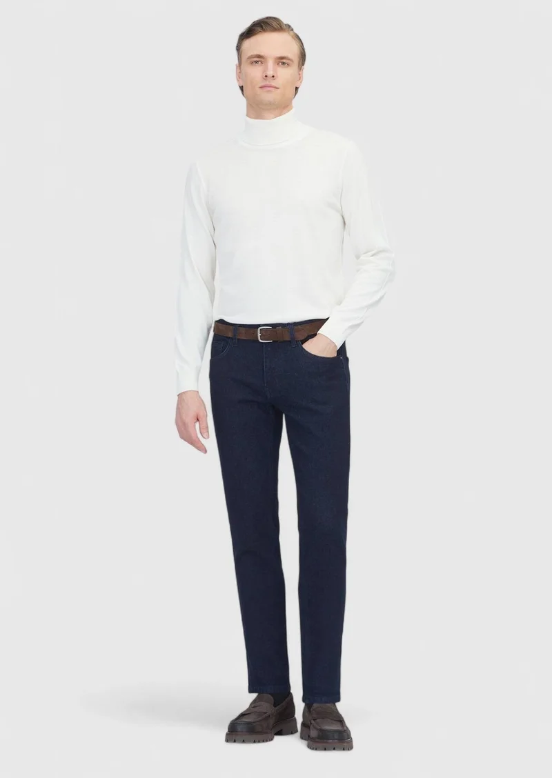 RAMSEY Navy Blue Slim Fit Denim Cotton Blended Trousers