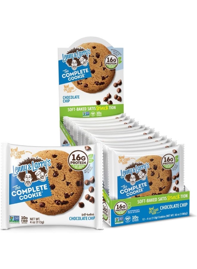 LENNY & LARRY'S كوكيز ليني ولاري الكاملة، رقائق الشوكولاتة، مخبوزة بشكل ناعم، 16 جرام بروتين نباتي، نباتية، غير معدلة وراثيًا، 4 أونصات (عبوة من 12) - Image 1