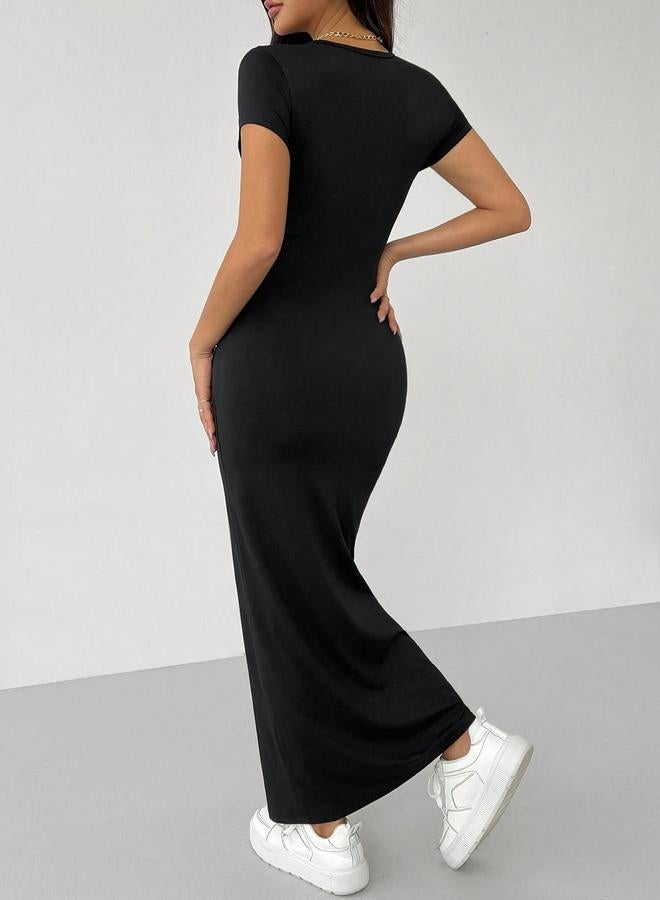 Take Two  Solid Short Sleeve Bodycon Maxi Dress - Image 2