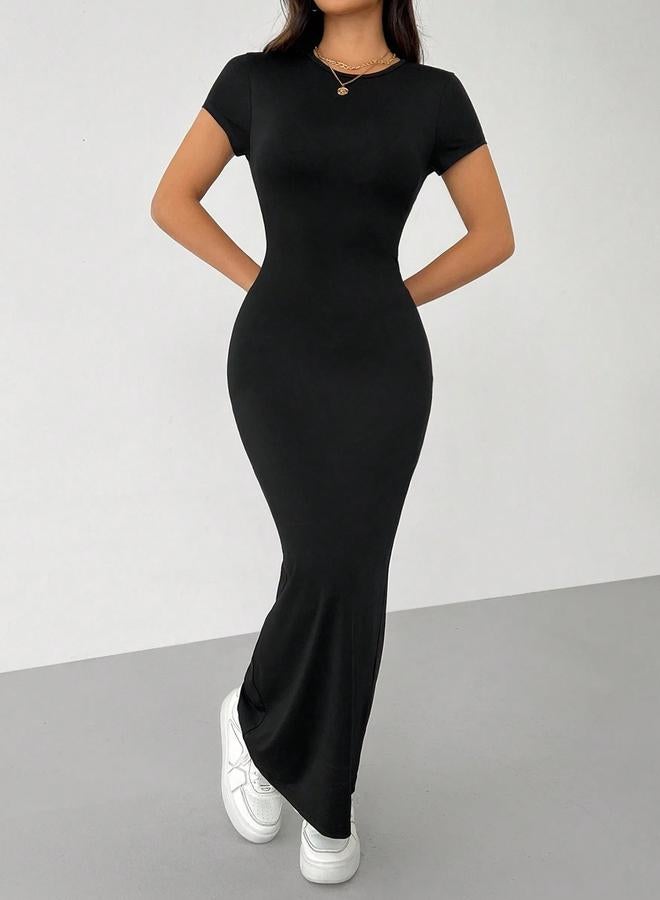 Take Two  Solid Short Sleeve Bodycon Maxi Dress - Image 3