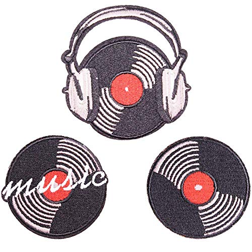 U-Sky Sew or Iron on Embroidered Patches | Vinyl Record & Headphones Music Theme Design | Retro Musical Lovers Enthusiasts DJs | Jackets Backpacks Jeans Vest | 3"x2.9" 3 Different Designs 3PCs Pack - Image 1