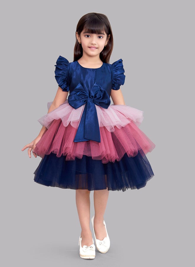 PinkChick Colourblocked Layered Satin Dress for Girls - Image 1