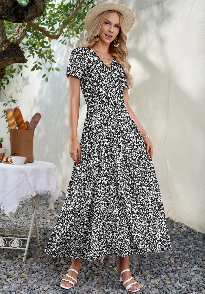 AUSELILY Maxi Dresses for Women Ankle Length Floral Print Beach Long Flowy Dress with Pockets Black Little Flower L - Image 3