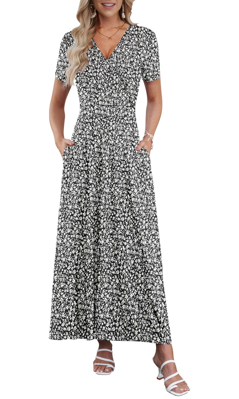AUSELILY Maxi Dresses for Women Ankle Length Floral Print Beach Long Flowy Dress with Pockets Black Little Flower L - Image 1