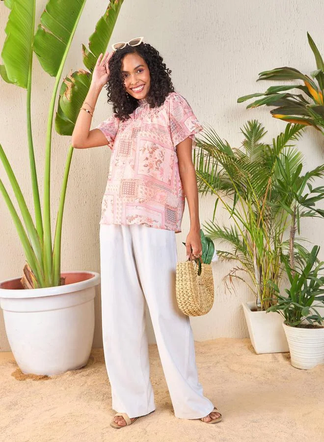 SASSAFRAS Patchwork Print Frill Neck Top by Styli