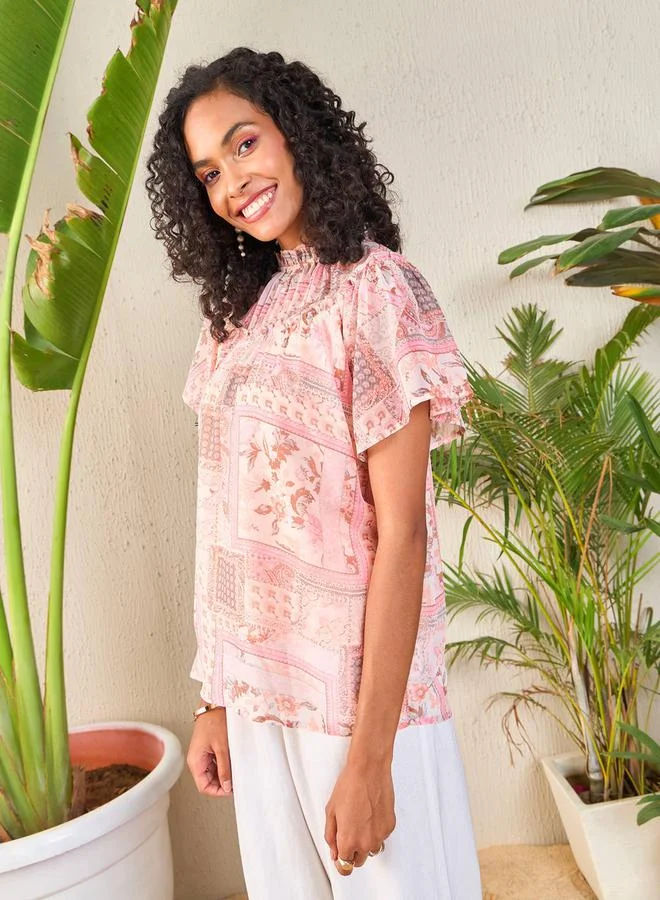 SASSAFRAS Patchwork Print Frill Neck Top by Styli