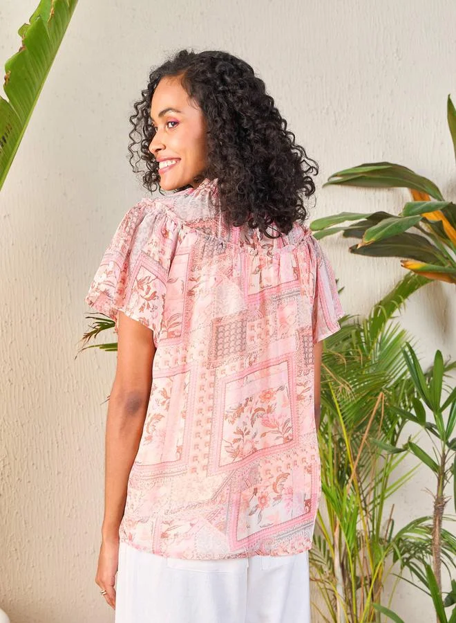 SASSAFRAS Patchwork Print Frill Neck Top by Styli