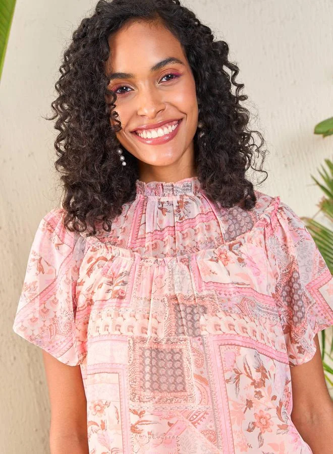 SASSAFRAS Patchwork Print Frill Neck Top by Styli