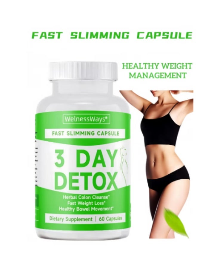 WelnessWays 3 Day Detox Fast Slimming Capsules | Herbal Colon Cleanse for Healthy Weight Management, Fast Weight Loss & Healthy Bowel Movement, Non-GMO, 60 Capsules | Dietary Supplement for Men & Women - Image 1