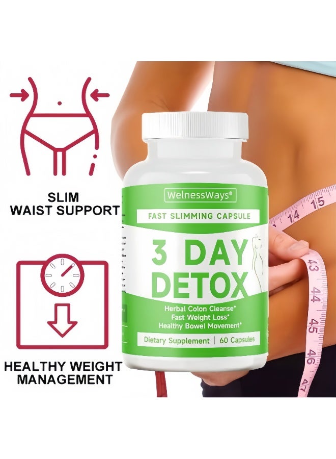 WelnessWays 3 Day Detox Fast Slimming Capsules | Herbal Colon Cleanse for Healthy Weight Management, Fast Weight Loss & Healthy Bowel Movement, Non-GMO, 60 Capsules | Dietary Supplement for Men & Women - Image 2