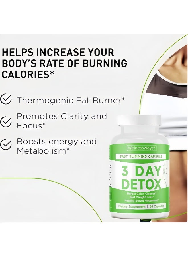 WelnessWays 3 Day Detox Fast Slimming Capsules | Herbal Colon Cleanse for Healthy Weight Management, Fast Weight Loss & Healthy Bowel Movement, Non-GMO, 60 Capsules | Dietary Supplement for Men & Women - Image 4