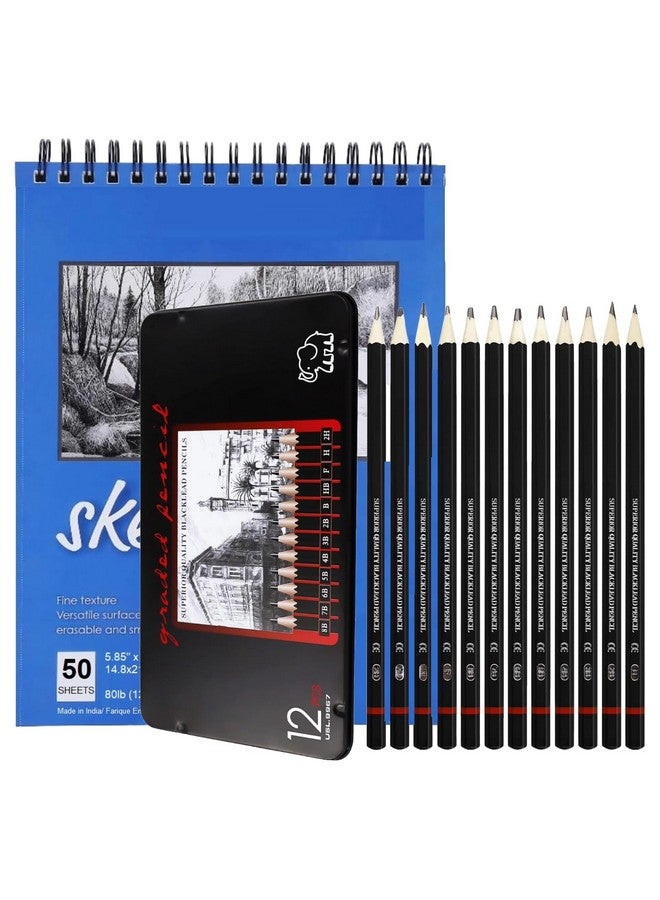 Corslet مجموعة أقلام رسم كورسلت: 12 قطعة قلم رسم B 2B 3B 4B 5B 6B 7B 8B Hb H 2H F في علبة معدنية مع 50 ورقة دفتر رسم A5 - Image 1