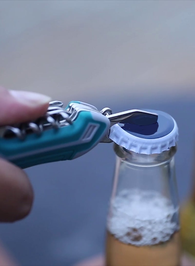 Total 11-in-1 Multi-Tool Pocket Knife, Teal Soft Handle, 95mm Compact Size, with Screwdrivers, Scissors, Bottle Opener, Saw, Leather Punch - Image 4