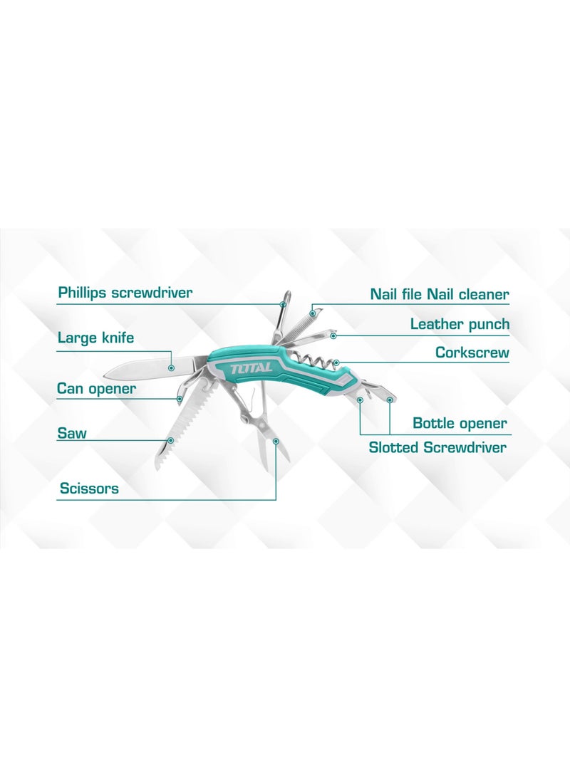 Total 11-in-1 Multi-Tool Pocket Knife, Teal Soft Handle, 95mm Compact Size, with Screwdrivers, Scissors, Bottle Opener, Saw, Leather Punch - Image 3