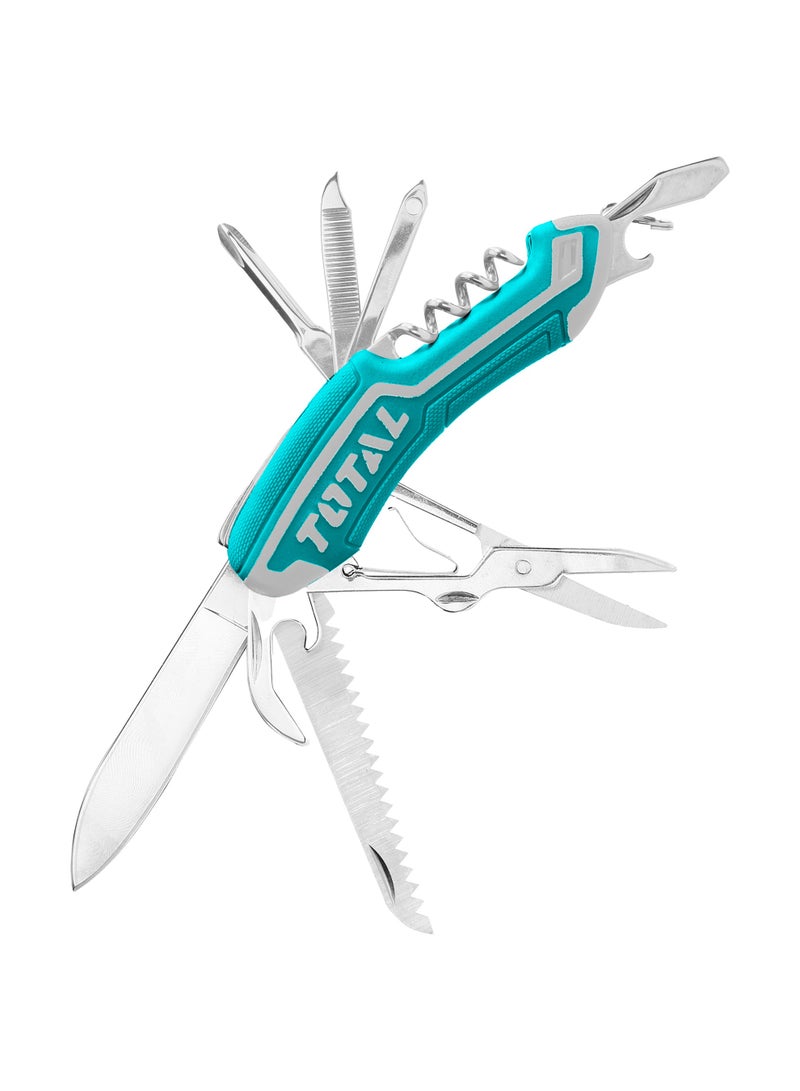Total 11-in-1 Multi-Tool Pocket Knife, Teal Soft Handle, 95mm Compact Size, with Screwdrivers, Scissors, Bottle Opener, Saw, Leather Punch - Image 1