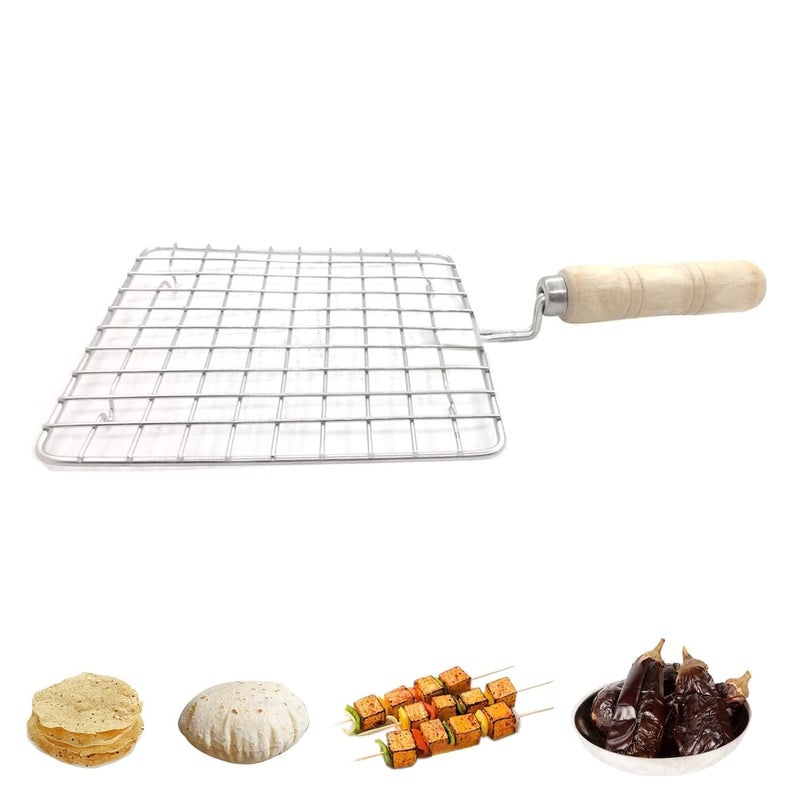 Cloudzy Roaster Barbecue Net Grill Steel Wire Roasting Net Charcoal Hand Warmer Rack BBQ Accessories Fish Burner Papad Jali Paneer Tandoor Net with Wooden Handle (Square) - Image 3