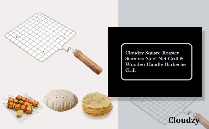 Cloudzy Roaster Barbecue Net Grill Steel Wire Roasting Net Charcoal Hand Warmer Rack BBQ Accessories Fish Burner Papad Jali Paneer Tandoor Net with Wooden Handle (Square) - Image 5