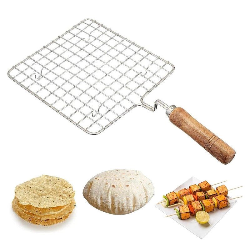 Cloudzy Roaster Barbecue Net Grill Steel Wire Roasting Net Charcoal Hand Warmer Rack BBQ Accessories Fish Burner Papad Jali Paneer Tandoor Net with Wooden Handle (Square) - Image 2