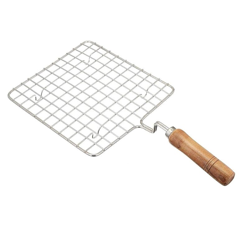 Cloudzy Roaster Barbecue Net Grill Steel Wire Roasting Net Charcoal Hand Warmer Rack BBQ Accessories Fish Burner Papad Jali Paneer Tandoor Net with Wooden Handle (Square) - Image 1