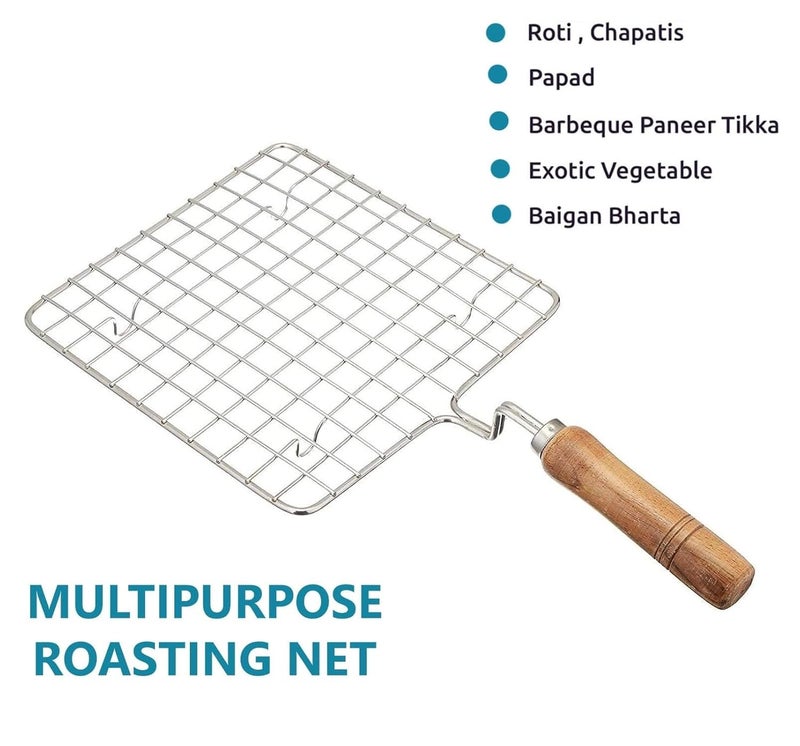 Cloudzy Roaster Barbecue Net Grill Steel Wire Roasting Net Charcoal Hand Warmer Rack BBQ Accessories Fish Burner Papad Jali Paneer Tandoor Net with Wooden Handle (Square) - Image 4