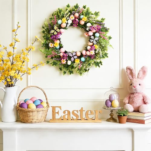 MAINGKAUNG Easter Wreath 22 Inch Easter Wreaths for Front Door with Colorful Egg Yellow Daisy Purple Lavender and Butterflies for Porch Window Farmhouse Party Decoration - Image 4