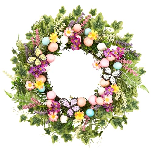 MAINGKAUNG Easter Wreath 22 Inch Easter Wreaths for Front Door with Colorful Egg Yellow Daisy Purple Lavender and Butterflies for Porch Window Farmhouse Party Decoration - Image 1