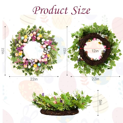 MAINGKAUNG Easter Wreath 22 Inch Easter Wreaths for Front Door with Colorful Egg Yellow Daisy Purple Lavender and Butterflies for Porch Window Farmhouse Party Decoration - Image 2